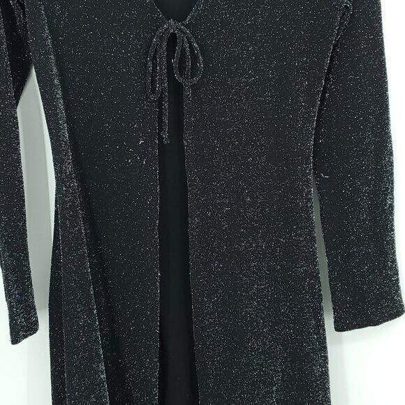 VTG 90s Shimmery Tie Front Long Line Stretchy Cardigan M Black/Silver - Picture 8 of 16